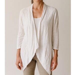 Eileen Fisher White Linen Open Front Cardigan Sweater Womens Size Medium Pockets